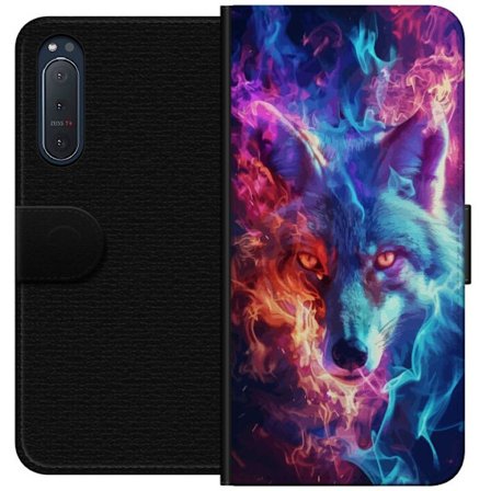 Kompatibelt Plånboksfodral till Sony Sony Xperia 5 II Intensiv varg med blå och orange eld runt ansiktet, kraftfull fantasyillustration med magisk e
