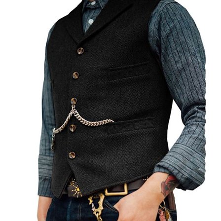 HERRE-TWEEDVEST MED FISKEBENS-MØNSTER, RETRO V-HALS ULLVEST FOR BALL SVART Black