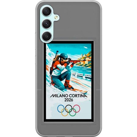 Kompatibelt Mobildeksel til Samsung Galaxy A34 Retroplakat Cortina Milano 2026 med fjell, vintersportsutøvere, italienske trikolor, Milano-katedralen