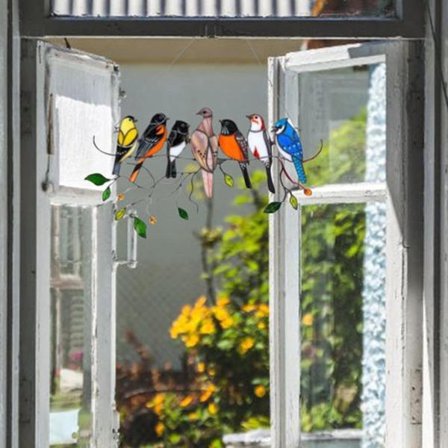 Farvede glasfugle til ophæng i vinduer - 7 håndskårne fugle i legering