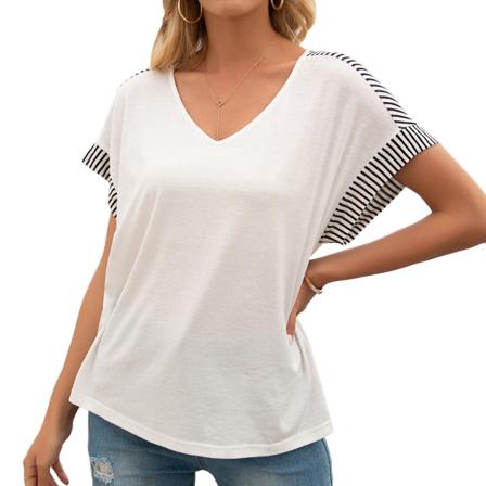 Dam T-shirt Sommar V-hals Rand Kort Ärm Casual Lös