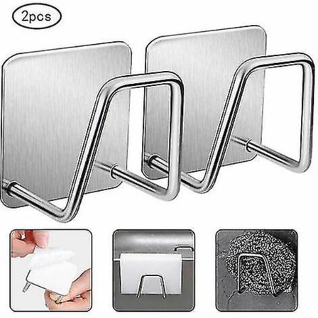 Svamp Holder 2 Deler Selvklebende Vask Hylle Kleskroker, Med 2 Gjennomsiktige Selvklebende Kroker, Rustfrie Kroker For Vaskeservant