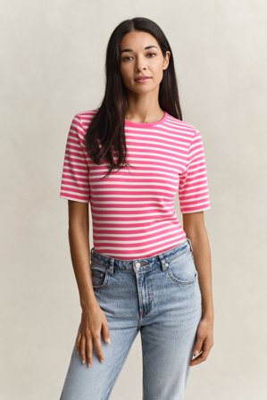 GANT Damen Geripptes T-Shirt mit Streifen (XS) Rosa
