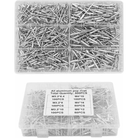 Blindnagler, 500 stk M3.2 M4 M5 Aluminium Blindnagler Aluminium Popnagler Assorterte Nagler med Boks for Metall, Tre, Plast