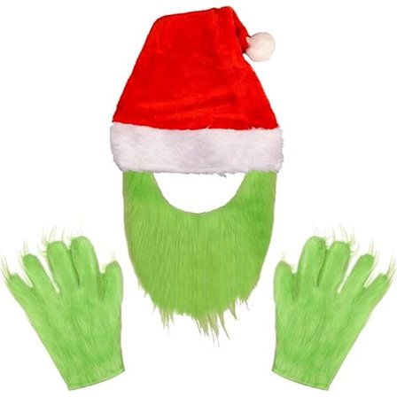 Grinch-skjegg Julehatt med Grønne Pelsvotter Grinch-maske Hanske Julefest Cosplay Kostyme Tilbehør