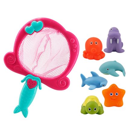 Fargerike Badeleker for Småbarn med BB-Kvitrende Lyd - Morsomme Dyr Formet Badeleker for Hjemmet - Rød Fiskegarn med 6 Dyr