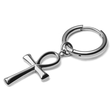 Srebrzysty stalowy kolczyk z zawieszką Ankh dla mężczyzn - Kolczyki kółeczka z zawieszką