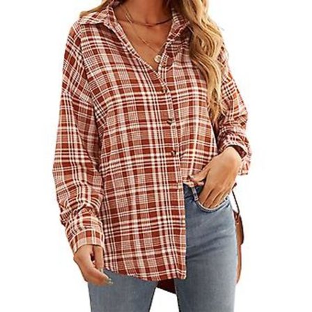 Løs skjorte for kvinner med lange ermer, rutete bluse (S Brun)