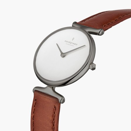 Nordgreen Women's Minimal Analogue Danish Watch - Silver Case - White Dial - 32mm Brown Leather Strap White Dial Unika