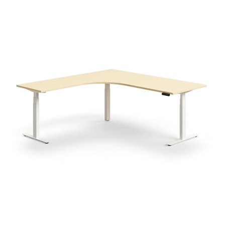 Höhenverstellbarer Schreibtisch QBUS, L-Form, 2000x2000 mm, Gestell weiß, Birke