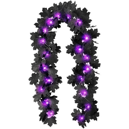 2m LED Svart Lønneblad Girlander, Kunstig Halloween Krans for Innendørs og Utendørs, Halloween Dekor