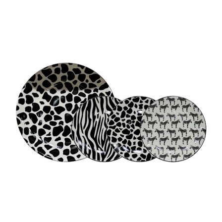 Jälkiruokalautanensetti, 7 osaa, uutta luuposliinia, musta/valkoinen