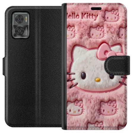 Kompatibelt Lommeboketui til Motorola Moto E22i Hello Kitty rosa fluffy bakgrunn med ikoniskt ansikt og kawaii-estetikk