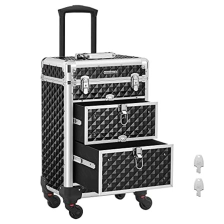SONGMICS Lukittava meikkilaukku, Rolling Cosmetics Beauty Trolley Box, Musta