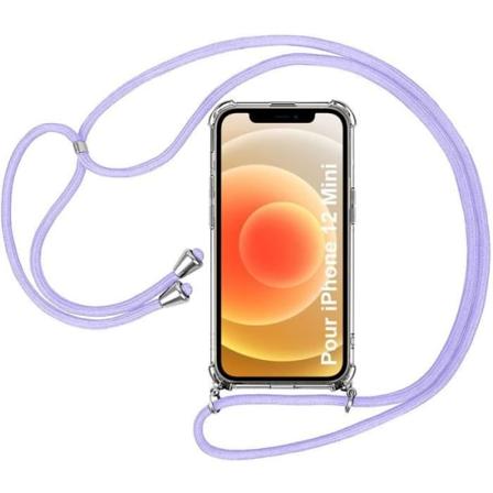 Skulderremscover til iPhone 12 Mini (5,4") Anti-ridseforstærket hjørne Anti-Shock + lilla skulderrem Transparent-lila