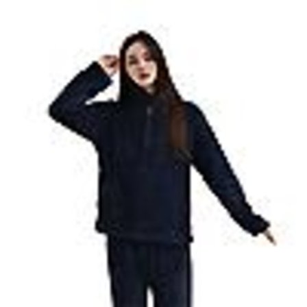 Fluffy pyjamassæt til kvinder med kvart lynlås, fleece 2-delt Sherpa pullover bukser sæt Fuzzy nattøj, Sort