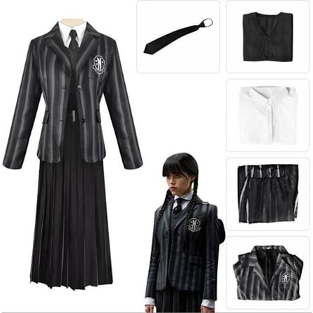 Wednesday Addams -sankarin mustavalkoinen raidallinen puku