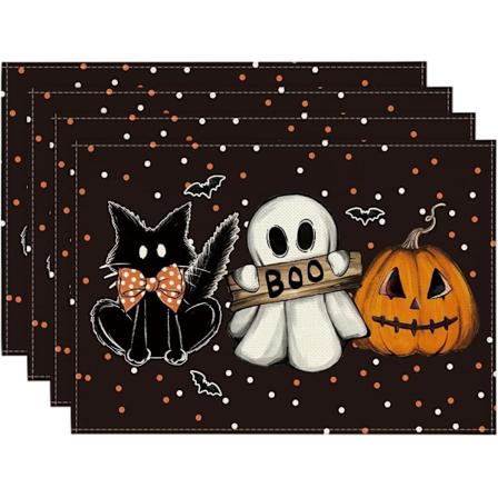 Polka Dot Spøkelsesgresskar Katt Boo Halloween Plassmatter Sett med 4, 12x18 Tommer Sesongmessige Høst Bordmatter for Fest Kjøkken Dini