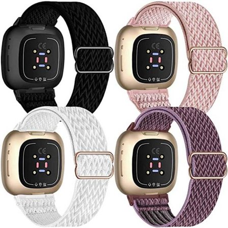 4-pakning elastisk nylonbånd kompatibelt med Fitbit Versa 3 / Fitbit Sense, justerbart elastisk sportsarmbånd for smartklokke (Svart/Rose-rosa/Hvit/S{
