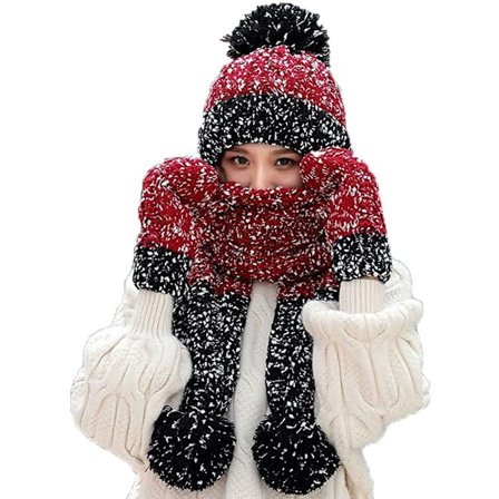 Pipo Hattu, Huivi ja Hanskat Setti, Naisten Talvi Lämmin Neulotu Hattu Paksu Kallo Hattu 3 in 1 Kylmälle Säällä