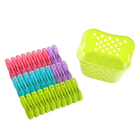 30 stk. Tøjsklemmer + Plastikkurv Tørretøjsklemmer Strømper Bukser Skjorte Klemmer