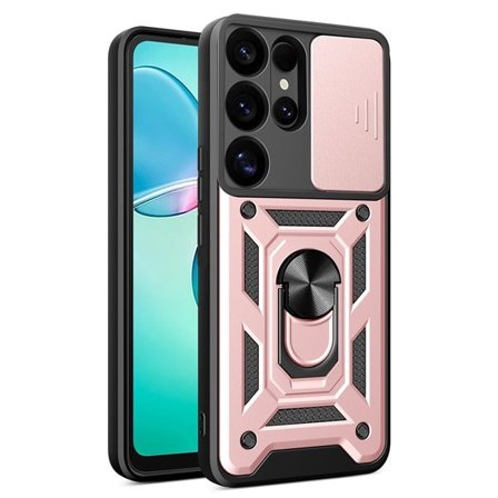 Hybrid Armor Camshield suojakuori, jossa on kameran suojaus ja matkapuhelimen rengas Samsung Galaxy S25+ - vaaleanpunainen väri
