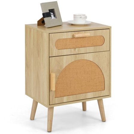 COSTWAY yöpöytä laatikolla ja rottinkiovella, puiset jalat, yöpöytä olohuoneeseen, makuuhuone, 45 x 30 x 61 cm