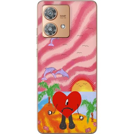 Yhteensopiva Puhelinkuori Motorola Edge 40 Neo Bad Bunny värikkäässä tikatussa takissa sydänkuvioilla ja aurinkolaseilla modernissa katutyylissä