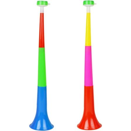 2 stk. (tilfældig farve) Vuvuzela-trompeter i plastik til jubel og heppning - Meget høj hornblæser til fans og tilskuere - Støjmager-trompet til 
