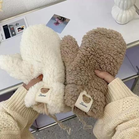 Søt bjørn myk plysj hansker anime kvinner vinter varm tykk fingerløs votter beig beige one size