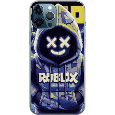 Kompatibelt Mobildeksel til Apple Apple iPhone 12 Pro Blågul Roblox hettegenserfigur med minimalistisk neonstil og masket ansikt, moderne spillillust