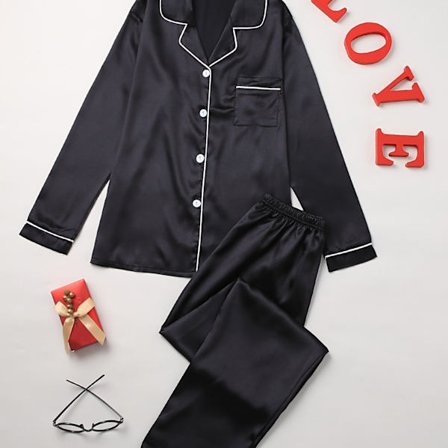 Solid Pyjamasett, Langermet Knapp Lapel Topp & Bukser Pj Sett, Dame Sleepwear & Loungewear