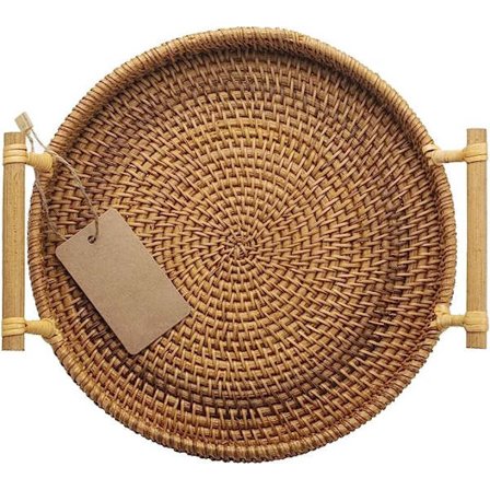 Rund flettet serveringsbrett med håndtak, rotting - 24 cm diameter