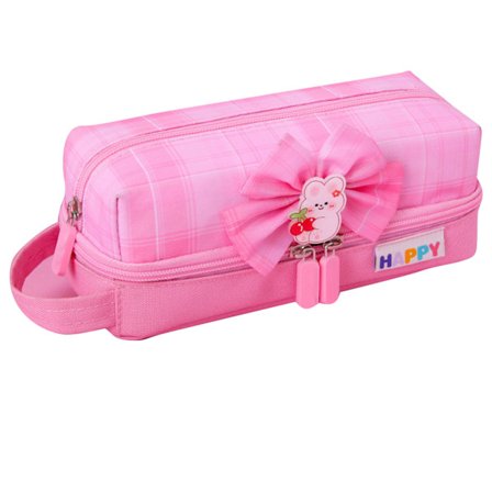 Pencil Case Large Capacity Layer Storage Bow Decor Oxford Cloth Pencil Case Stationery Bag for Girls School Pink