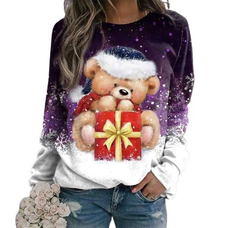 Jul Kvinnor Snowman Bear Santa Printed T-shirt Casual Crew Neck Toppar C 5XL