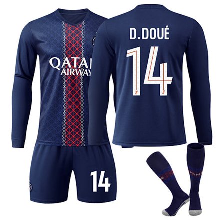 25-26 Paris Saint-Germain F.C. Hjemmebanetrøjer med lange ærmer NO.14 D.Doué Sæt Børn Voksen Fodboldudstyr med Sokker