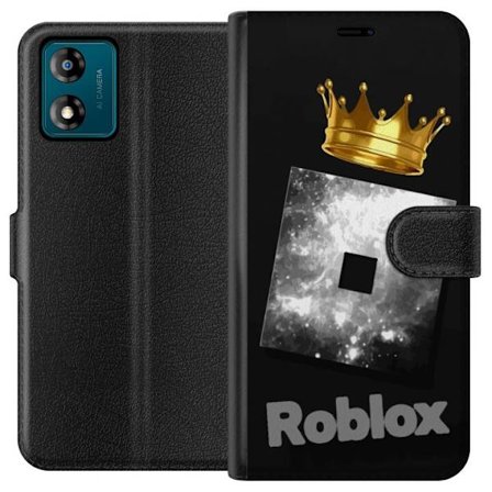 Kompatibelt Lommeboketui til Motorola Motorola Moto E13 Minimalistisk svart og sølvfarget Roblox-symbol med gylden krone og luksuriøs gamer-estetikk