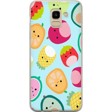 Kompatibel Mobilcover til Samsung Galaxy J6 Mønster af kawaii frugter som jordbær citron ananas og avocado på lyseblå baggrund