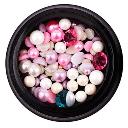 Värikkäät helmet + pallomaiset posliinihelmet + kristalliriipus kynsien koristeluun Pinkki