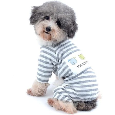 Liten hund/katt kjæledyr antrekk hvit bomullsklær nøytral stripet valp jumpsuit grå