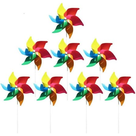 (Pakke med 8) farverige vindmøller som gave til børn at lege med, eller som en fin dekoration til børnehaver, haver, børneværelser, fester eller