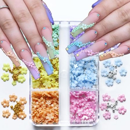 3D Blomster Neglekunst Charms Farverige Negle Charms til Akryl Negle Guld Sølv Perler Negleforsyninger Rhinestones Forårsblomster Ædelstene 