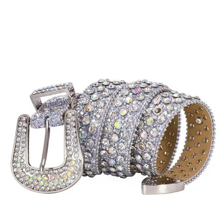 Cowgirl Bling Læderbælte med Nitter til Jeans med Rhinestones og Vestligt Sølvspænde, Unisex, 95cm