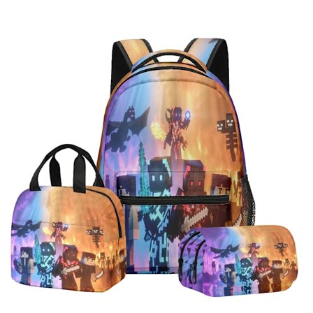 3D Nytt Produkt Minecraft Ryggsekk til Barneskole og Ungdomsskole, Matboks, Dobbelt Lag Pennal, Tredelt Sett