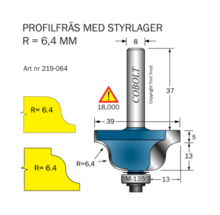 Cobolt 219-064 Profilfres D=39 L=18 R=6,4, Maskintilbehør & forbruk