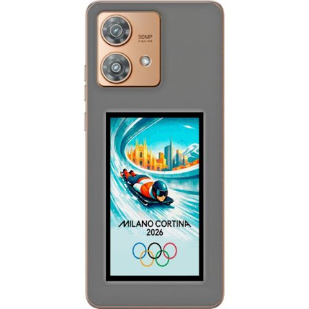 Yhteensopiva Puhelinkuori Motorola Edge 40 Neo Dynaaminen kelkkailija tai skeleton-ajaja jääkanavalla Milanon Cortina 2026 kanssa, kaupunkinäkymä ja o