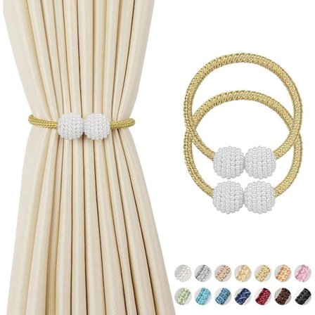 2 magneettista verhonpidikettä (kulta) - 42 cm pitkät helmiverhon magneettipidikkeet, eurooppalaistyyliset verhonklipsit, narusoljet kotiin, 