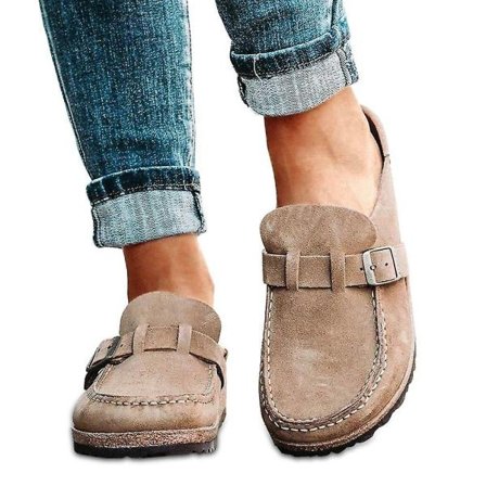 Kvinders Casual Komfortable Træsko Ruskind Slip-On Sandaler Sommer Hjemmekontor Sko_happyshop Khaki 39-XF22-