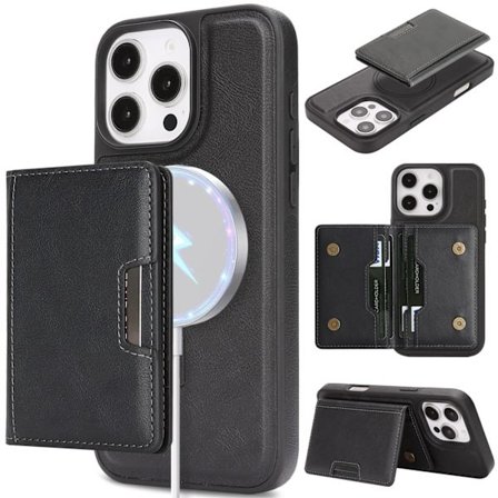 iPhone 16 Pro Max, Magnetisk Kortholder, Telefoncover i Kunstlæder, Sort