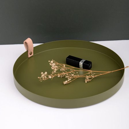 Nordisk stil læderhåndtag rund bakke, kosmetik, snacks og diverse opbevaringsbakke, læder metalskive